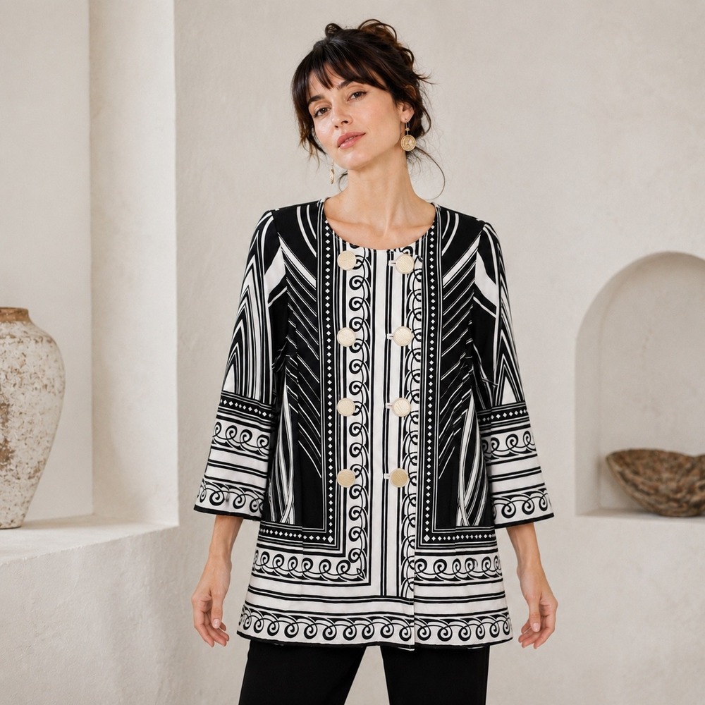 Debbie Shuchat Vintage Black White Geometric Scroll Swing Coat Jacket Boho Art 2
